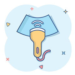Ultrasound icon in comic style. Scanner equipment cartoon vector illustration on white isolated background. Ultrasonic splash effect business concept.