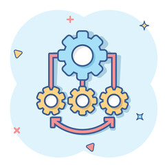 Improvement icon in comic style. Gear project cartoon vector illustration on white isolated background. Productivity splash effect business concept.