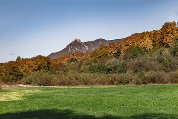 Fototapeta premium Field and forest on the background of Turkey Mountain - 859 meters high, located on the territory of the forest reserve. The surroundings of the mountain are very popular among rock climbers.
