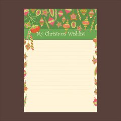 Christmas vector wish list. Winter wishlist. Gifts ideas frame card. Seasonal new year template 