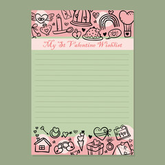 St Valentine vector wish list. Doodle romantic gift template. 14 february present planner. 