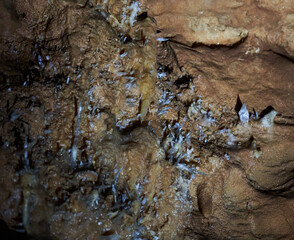 Crystals on speleothemes in a cave