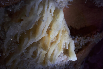 Crystals on speleothemes in a cave