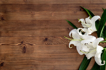 Branch of white lilies as symbol of the funeral. Mourning concept