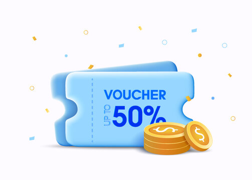3d voucher, coupons with 50 percentage sign with floating coins. gold coins, confetti. Online shopping discount, sale client voucher design. Gifts with coupons and coins. Vector illustration