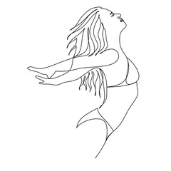 Happy woman one line illustration. Vector art line. A woman in a swimsuit line art.