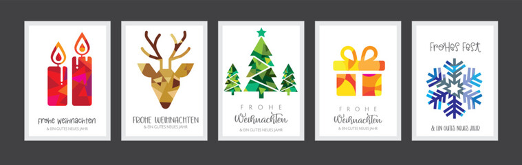 Weihnachtsgrüße mit fünf verschiedenfarbigen dekorativen Weihnachtsmotiven  - deutscher Text