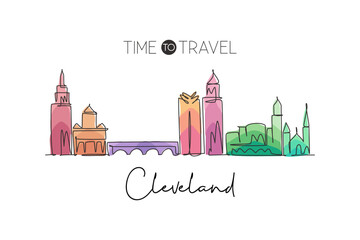 One single line drawing of Cleveland city skyline, Ohio. Historical town landscape in world. Best holiday destination wall decor. Editable stroke trendy continuous line draw design vector illustration