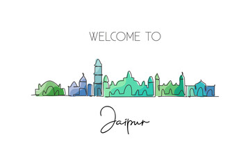 Single continuous line drawing of Jaipur city skyline, India. Famous city scraper landscape. World travel home wall decor art poster print concept. Modern one line draw design vector illustration