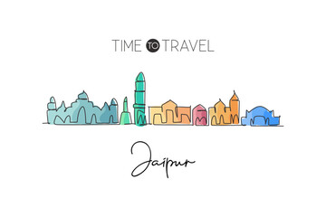 Obraz premium One continuous line drawing of Jaipur city skyline, India. Beautiful landmark. World landscape tourism travel home wall decor poster print art. Stylish single line draw design vector illustration