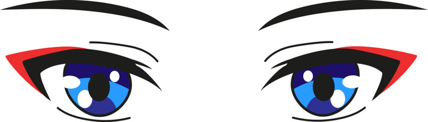 Cute kawaii big colorful blue anime eyes with red eyeliner vector illustration isolated on white background. Manga cartoon
japanese style eyes for print, poster, cards. Simple retro eyes for drawing
