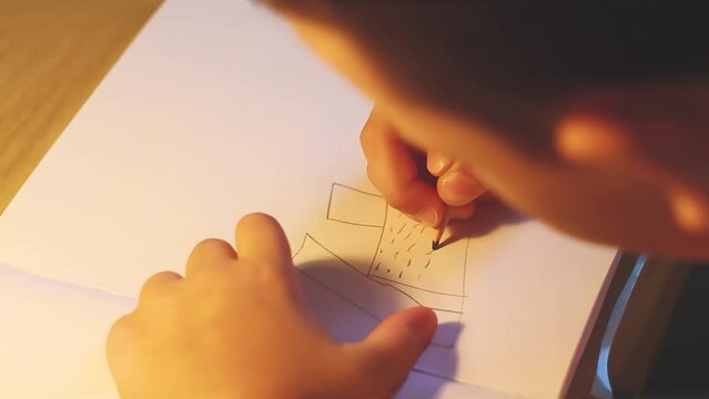 Little boy draws in notebook with colored pencils. Learning to draw.