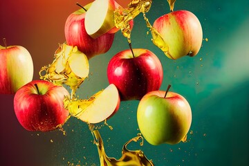 Sweet apple golden juice explosion, splash through flying fruits. Nectar, extract, essemce of fresh falling red and green apples. Juicy, refreshing drink. Vfx shot, fluid simulation. 3d illustration