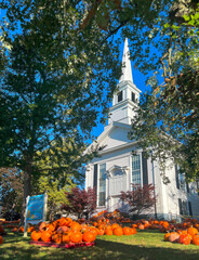 New England Church with Autumn Pumpkin Patch at Chatham, Cape Cod