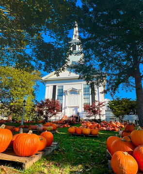 New England Church with Autumn Pumpkin Patch at Chatham, Cape Cod
