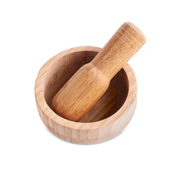 Wooden mortar and pestle on white background