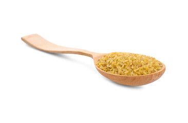 Wooden spoon with uncooked bulgur isolated on white