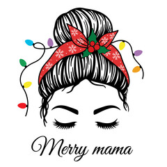 Obraz premium Merry Mama. Christmas Messy Bun. Women face with bandana with snowflakes, mistletoe and christmas light. Christmas, Happy New Year design. Vector illustration. Isolated on white background. 