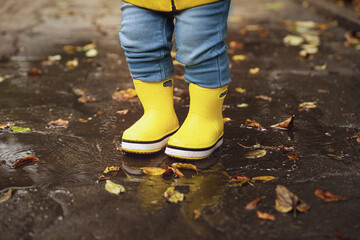 Little girl standing in puddle outdoors, closeup
