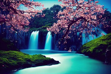 A blue fantasy waterfall with a sakura tree in front of it, water painting style
