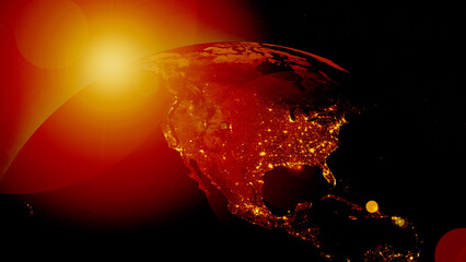 Earth globe at night illuminated by hot sun
