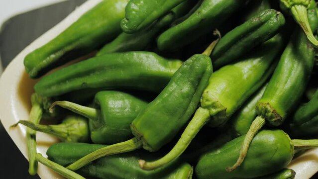 Traditional Spanish patron peppers, green padrons tapas.