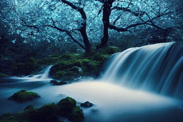 A waterfall under a magical blue tree