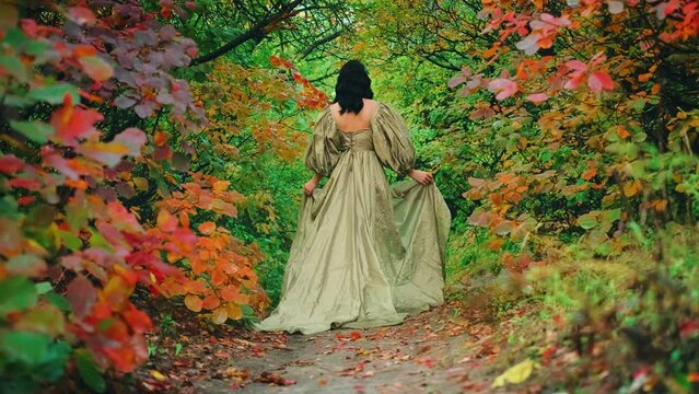 Queen fantasy woman walks in autumn nature forest trees. Green yellow orange foliage fallen leaves on path. princess girl back rear view. royal vintage long light green dress puffy sleeves. video 4k