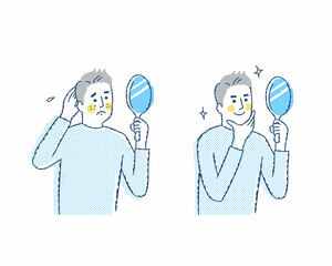 肌の悩み　手鏡で顔を見ている男性　ビフォーアフター