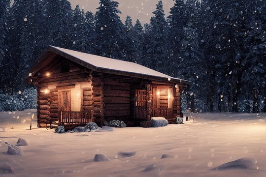 A cozy wooden hut in a snowy forest at night, winter
