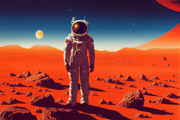 Man on Mar human in the space astronaut suit standing on a red planet digital illustration