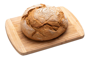 PNG, Round bread made from dark flour on a wooden cutting board.