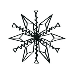 Monochrome illustration of snowflake in sketch style. Hand drawings in art ink style. Black and white graphics.