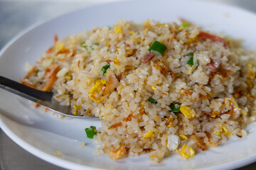 Chinese fry rice dish with egg and Sergestid shrimp