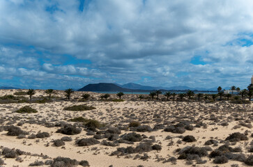Fototapeta na wymiar Views across the desert to the mountains and sea of Fuerteventura