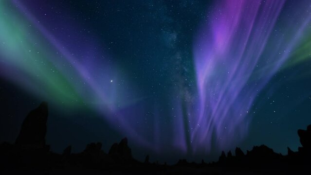 Aurora Purple Green and Milky Way Galaxy Trona Pinnacles 14mm Pan R