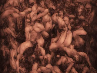 Poster Monster beasts, men and women in sensual sexy orgy artistic painting, furr everywhere, sexual fantasy dream © Guy