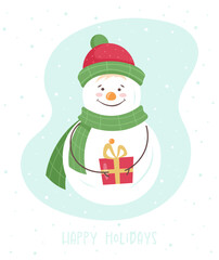 Cute Christmas snowman. Vector illustration of winter holidays snowman with festive gift, scarf, hat and text. Winter greeting card,  poster, web banner. Merry Christmas and happy New Year