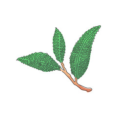 Fototapeta premium Single continuous line drawing healthy organic tea leaves for plantation logo identity. Fresh tender bud of tea shoot concept for tea leaf icon. Swirl curl style. Dynamic one line draw design vector