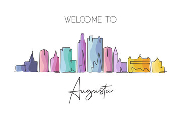 Single continuous line drawing of Augusta city skyline, Georgia. Famous city scraper landscape. World travel home wall decor art poster print concept. Modern one line draw design vector illustration - obrazy, fototapety, plakaty
