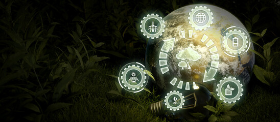 Obraz na płótnie Canvas Environment, Ecology And Energy Saving Concept. Energy Resources Icons On Earth Globe Background. Conservation Idea With Green Nature. 3D Illustration
