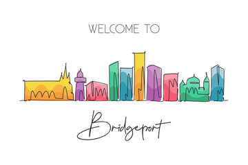 Fototapeta premium Single continuous line drawing Bridgeport skyline, Connecticut. Famous city scraper landscape. World travel home wall decor art poster print concept. Modern one line draw design vector illustration