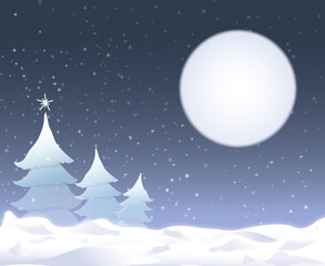 Fototapeta na wymiar décor hiver de nuit pleine lune neige et sapins bleu et blancs