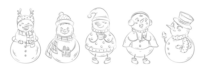 Cute Christmas snowman. Vector hand drawn set of winter holidays snowmen in different costume with xmas gift, cup of cacao, songbook, book. Winter icon for greeting card, poster, sticker, web banner.
