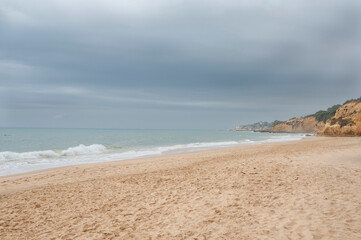 Maria Luisa beach with rock formation in Albufeira, Algarve, Portugal.