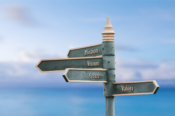 mission vision goals values four word quote written on fancy steel signpost outdoors by the sea. Soft Blue ocean bokeh background.