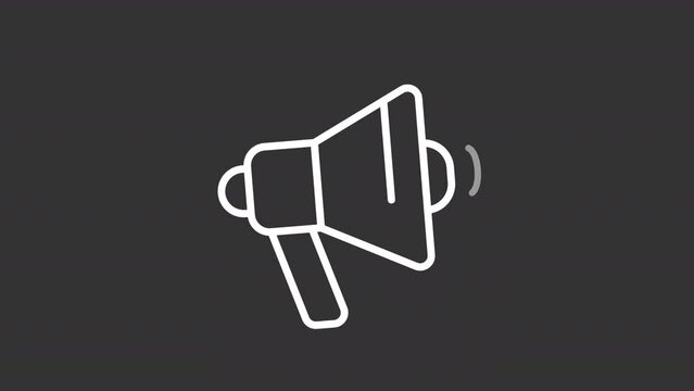 Animated bullhorn white line icon. Advertising campaign. Product promotion. Seamless loop HD video with alpha channel on transparent background. Motion graphic design for night mode