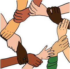 Multiracial human hands make circle with blank space in the middle. Cultural equity, diversity togetherness concept. Round symbol of unity, team, group, partnership, leading, support, community.