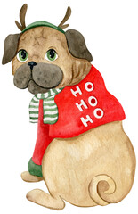 Cute Christmas Pug watercolor illustration