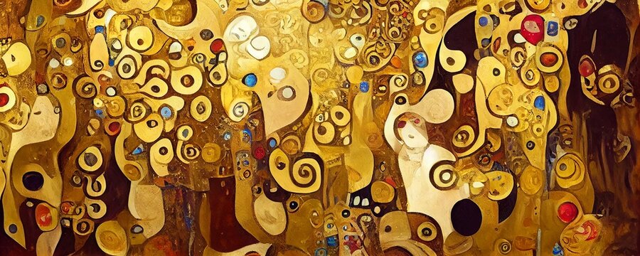 High resolution panorama background in the style of Gustav Klimt. Perfect as a background or for use in an art projects.